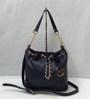 Michael Kors Black Leather Drawstring Chain Strap Shoulder Bag